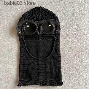 Beanie/Kafatası Kapakları İki lens rüzgarlık kaputu Beanies açık pamuk örgü rüzgar geçirmez erkekler yüz maske gündelik erkek kafatası kapakları şapka gözlükleri çıkarılabilir T230406