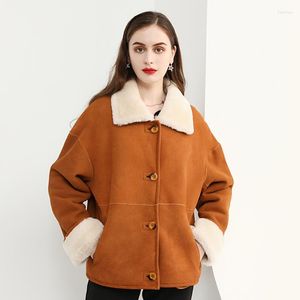 Kadın Kürk Faux 2023 Gevşek Stil Gerçek Ceket Kadınlar Koyu Sarı Kış Sıcak Yumuşak Doğal Koyun Dinleri Shearlingwomen's