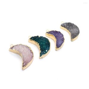 Pendant Necklaces 2pcs/pack Moon Shaped Natural Semi-precious Stone Crystal Pendants Purple White Copper Edge 14x30-20x35mm DIY Necklace