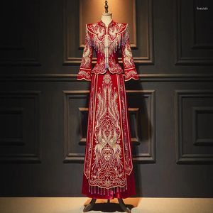 Etnisk kläder kinesisk stil traditionell brud brudgum bröllopsklänningar tang kostym röd phoenix pärlor tofs choengsam vestidos qipao