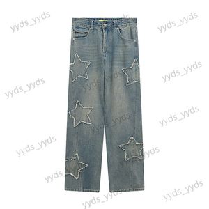 Men's Jeans High street loose pants Street ground white star raw hem straight casual jeans T230406