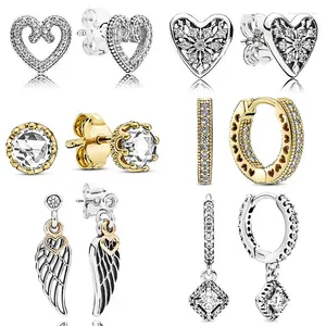 Stud Earrings 925 Sterling Silver Earring Golden Shine Clear Sparkling Crown Pave Heart Winter Frost Hoop For Women Jewelry