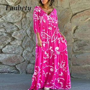 Casual Dresses Fashion Bohemian Pattern Pullover Maxi Dress Vintage 3/4 Sleeve Pleated Beach 2023 Lady Print Loose Long