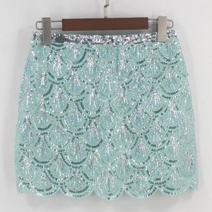 Skirts Women Sequined Fringe Skirt Glitters Elastic Waist Miniskirt Mini For Dance Rave Party Green Navy Blue Apricot