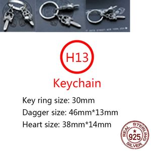 H13 S925 Sterling Silver Keychain Carning Carke Bag Buckle Sword Sword Heart Cross Flower Letter Pendant Penk Punk Hip Hop Jewelry Modelry