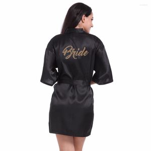 Women's Sleepwear Black Bridal Party Robe Golden Letter Bride On The Back Women Short Satin Wedding Kimono Spa Robes For Ladies