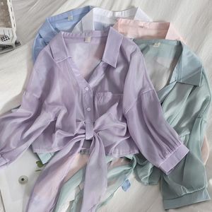 Women's Blouses & Shirts HELIAR Women Summer Chiffon See Through Bloses V-Neck Solid Button Up For