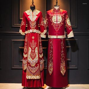 Abbigliamento etnico Xiuhe Abito da sposa cinese retrò Ricamo Cheongsam tradizionale Vintage rosso formale Qipao Donna Uomo Stile orientale Tang