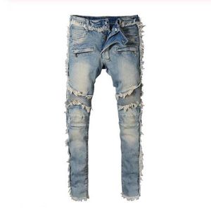 Jeans masculinos Vintage Lavagem de jeans Fringe Biker para Moto Moda Slim Fit Patchwork Pants Big Tall Troushers 8818Men's