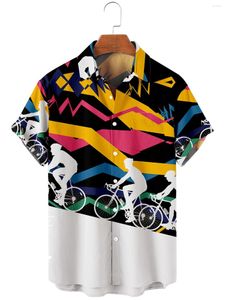 Camisas casuais masculinas 2023 Manga curta de camisa de lapela de tamanho grande de bicicleta grande 3D Impresso com bolsos