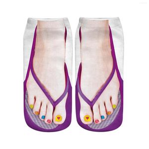 Women Socks 3D Printed Flip Flops Manicure Foot Pattern Print Funny Hidden Running Comfort Low Cut Ankle