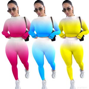 Kvinnor Tvådelat set Designerbyxor Sexig Gradient Långärmade T-shirts Tighta byxkläder Plus Size Dammode Fritidskläder Höst