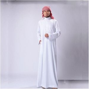 Abbigliamento etnico S Arabia Costumi tradizionali Uomo Musulmano Jubba Thobe Solid White Stand Collar Poliestere Abito lungo abito Islamico Drop Dhjt1