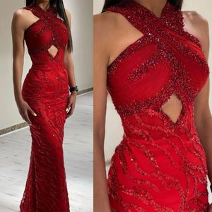 Gorgeous Mermaid Prom Dresses Halter Applicants Beads Sequins Hollow Zipper Layered Up Floor Length Custom Made Party Dress Vestido De Noite