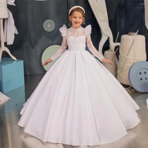 Vestidos de menina flor vestido branco fofo cetim renda manga longa brilho casamento elegante criança primeira comunhão festa princesa