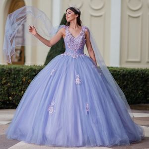 Lavanda com decote em v quinceanera vestidos contas flor vestido de baile princesa espartilho doce 16 vestido vestidos de 15 anos