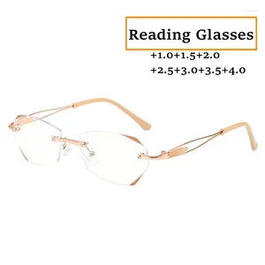Güneş gözlüğü moda kenarsız okuma gözlükleri düzensiz kadınlar elmas kesim presbiyopi anti mavi ışık uzak görüş gözlükleri diyopter 4,0