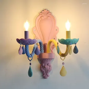 Vägglampa kreativa macarons färg barn rumsdekoration ledde dubbel huvudbelysning modern fairy rosa glas kristall e14 glödlampa