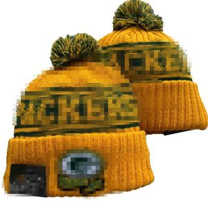 Homens de malha com punhos pom verde gorros bay gb bobble chapéus esporte chapéu de malha listrado lã lateral quente gorros de beisebol boné para mulher a11