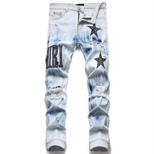 European Jean Hombre Letter Star Jean Men broderi lapptäcke rippade jeans för män trend varumärke motorcykel byxa mens jean skinny x253f