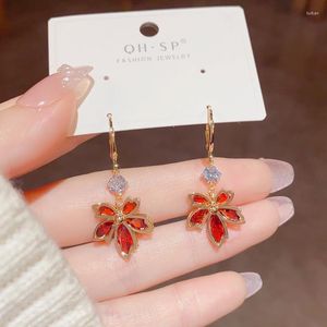 Hoop Earrings Luxurious And Exquisite Rhinestone Red Tassel Ear Button Fashionable Versatile Design Earrings.