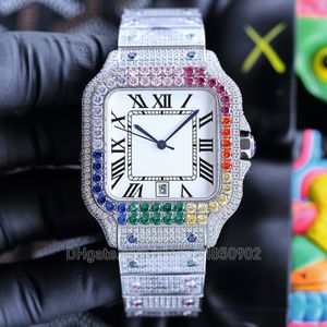 Rainbow Diamonds Bezel Men tittar på romerskt nummer Vit Dial Shining Watches Babysbreath Mens Moissanite Colorful Diamond Wristwatch Wristwatches Automatiska klockor