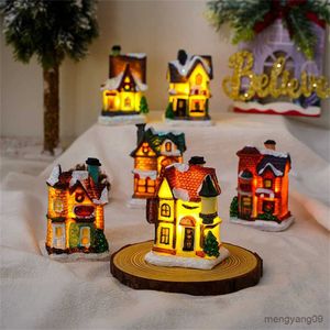 Christmas Decorations Christmas Light House Christmas Tree Ornaments Resin Small House Xmas Glow Decor Gift 2023Happy New Year Decors R231106