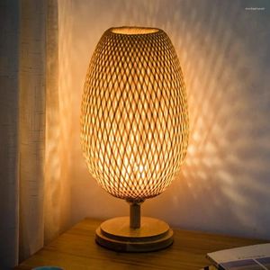 Table Lamps Modern Hand Knitted Weaving Bamboo Lamp Bedroom Bedside Wood Rattan Lampshade Room Home Decor Art Desk Light