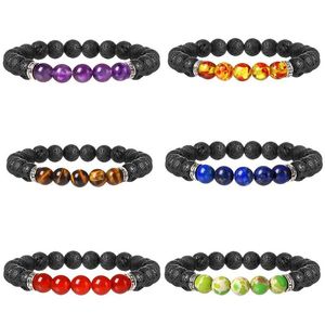 Strand pärlstav strängar 8mm naturlig 7 chakra stenarmband yoga lava rock helande balans energier kvinnor smycken