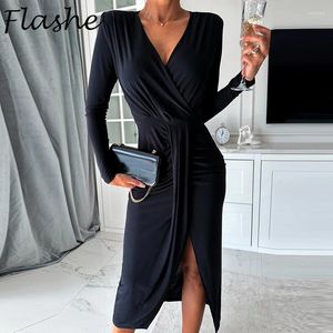 Vestidos casuais elegante pary vestido mulheres v pescoço manga longa bodycon para sexy midi cor sólida dividir escritório