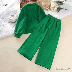 Set di abbigliamento Set per ragazze 8-12 anni Top verde a maniche lunghe Pantaloni verdi per ragazze Abiti stile Set di vestiti casual estivi R231107