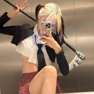 Camicette da donna Goth Dark JK Giapponese Cosplay Manica lunga Ragazze coreane Gotico Patchwork Camicie con cravatta Donna Sexy Streetwear Crop Top