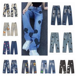 Designer-Jeans für Herren, Designer Make Old Washed Chrome, gerade Hosen, Herz-Buchstaben-Drucke, langer Stil, Herzen, lila Jeans, Cross-Jeans für Damen