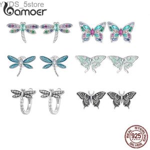 Stud Bamoer 925 Sterling Silver Rainbow Zircon Dragonfly Studörhängen Butterfly Insect Animal Ear Buckle for Women Fine Jewelry Gift YQ231107