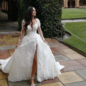 Elegantes Hochzeitskleid 2024 Sheer Neck 3D-Blumen-Spitze-Applikationen mit langen Ärmeln Brautkleider Afrikanisches Vestidos De Noiva