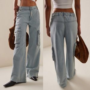 Jeans femininos combhasaki y2k vintage americano retro primavera verão denim calças compridas céu azul baggy perna larga com vários bolsos