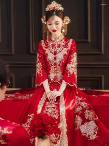 Etnisk kläd Brud Sparkly toast tang kostym kinesisk stil paljetter pärlor bröllopsklänning