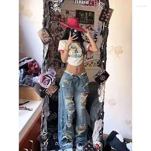 Kvinnors jeans koreansk stil hål baggy mamma kvinnor harajuku denim last byxor breda ben byxor mode sommarkläder streetwear