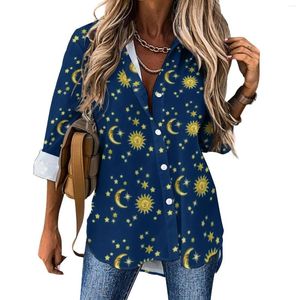 Damenblusen Glod Moon Lässige Bluse Sonne und Sterne Drucken Hübsches Muster Frau Langarm Basic Shirts Frühling Übergroße Tops