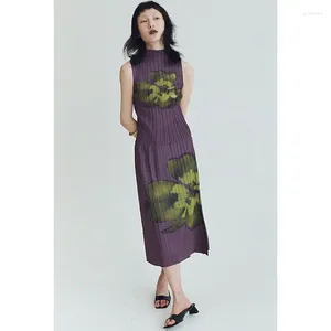 Work Dresses Women's Dress Sets Summer Purple Flower Print Pleated Stand Neck Tank Top High Waist Skirts Unique Design Two Piece Lady