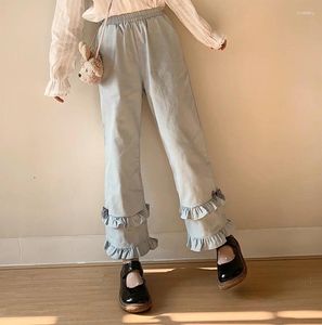 Women's Pants Japanese Lolita Bow Ruffle Women Girls Y2k Fashion Casual Trousers Kawaii Elastic High Waist Loose Flare Wide Leg