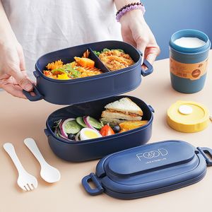 Bento Boxes Portable sealed lunch box 2-layer sealed student office workbench microwave bento box fork spoon leak proof food container 230407