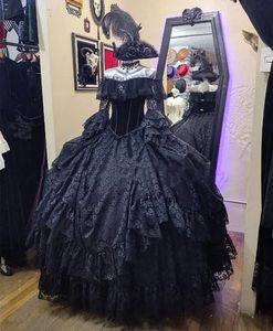 Gotik siyah gelinlik dantel katmanlar balo elbisesi Victoria gelin elbiseleri omuzdan uzun kollu korse vintage kadınlar özel yapılmış