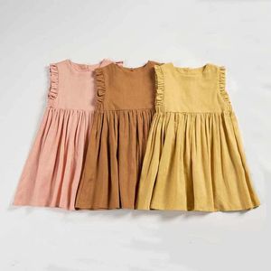 Kız Elbiseleri Bebek Kız Elbise 1-6y Saf Pamuk Keten Çırpılmış Kollu Yaz Prenses Parti Elbise Kızılcık Kız A-Line Sundress 230406