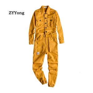 Men's Multi-Pocket mustard yellow jumpsuit with Lapel, Long Sleeves, and Ankle Length - Black/Yellow Freight Cargo Overalls (Style 230407)