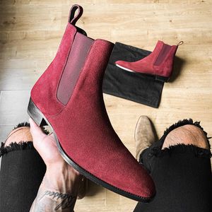 Chelsea Boots Men Red Faux Suede Cowboy Ankle Vintage Boots Slip on Shoes for Men with Free Shipping Men Boots