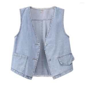 Kvinnors västar 2023 Autumn Denim Vest Women Fashion Crop Waistcoat Casual ärmlösa korta jeansjackor Slim midjebelägg