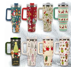40oz 크리에이티브 크리스마스 패턴 물병 핸들 누출 방지 밀짚 단열재 컵 야외 캠핑 여행에 적합합니다.
