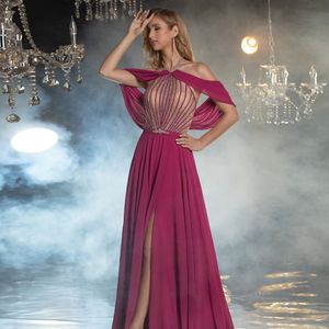Halter A Line Evening Dresses Beaded Sequin Side Split Prom Dress Off the Shoulder Chiffon Long Formal Party Gown