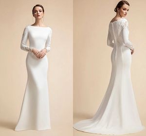 Simple Mermaid Button Wedding Dresses Long Sleeves Ivory Muslim Bridal Gowns for Bride Satin Lace Appliques Vestidos De Novia 2024